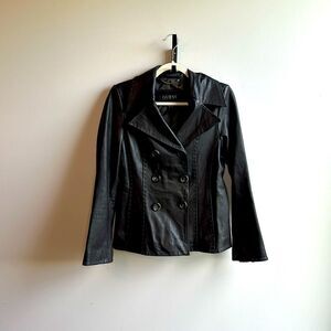 Guess Genuine Leather Brown Blazer Double Breasted Jacket Unique Stitching Small